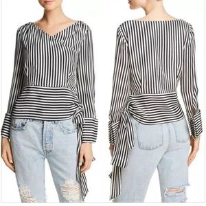 Alice + Olivia Alba
Striped Tie Waist Silk Top Size L French Cuff
Black White